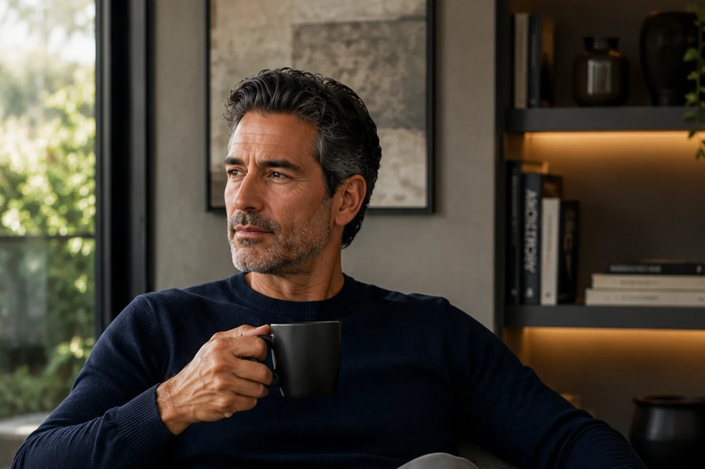 Investidor com o café na mão, depois de decidir a alocação.